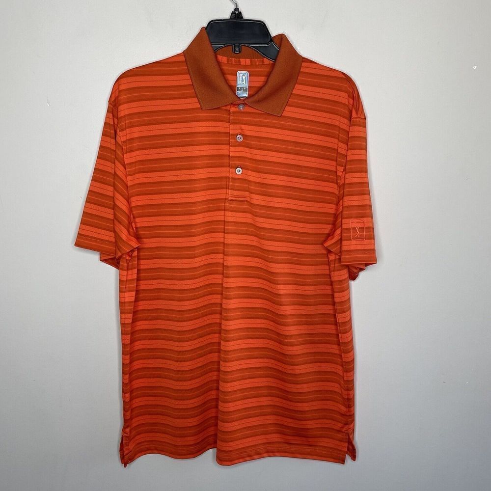 PGA TOUR Shirt Mens Large L Airflux Performance Polo Orange Stripe Golf
